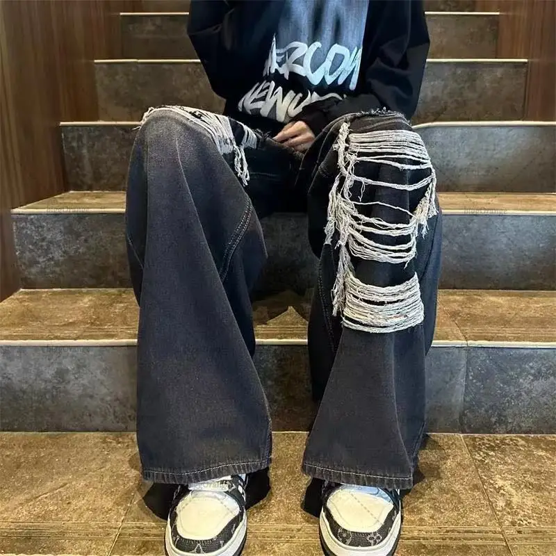 Street Hip-hop Gothpunk Fashion Versatile Jeans Men American Y2K Harajuku Retro Casual Loose Straight Floor Pants Women 2