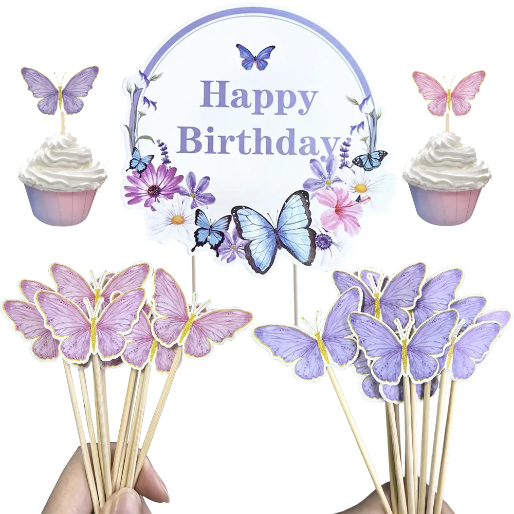 Description Picture 2 of itemPurple&Pink Butterfly Cake Decorations Happy Birthday Cake Toppers Tableware Cups Baby Shower Wedding Birthday Party Decorations