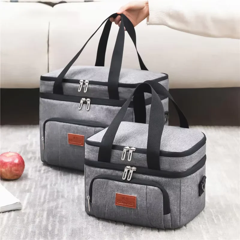 Double Layer Tote Cooler Lunch Bag - Large Capacity Travel Picnic Box with Shoulder Strap for Men  Women