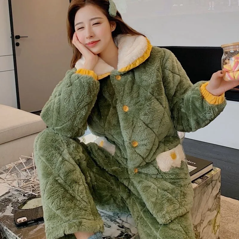 2023 Three-layer Coral Velvet Padded Pajamas Women Autumn Winter Velvet Extra-thick Flannel Homewear Long Sleeve Plus Size Suit