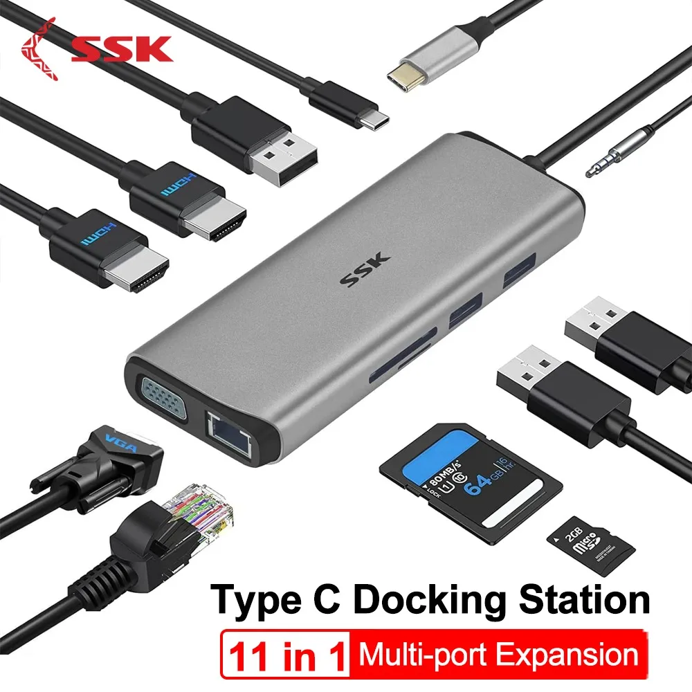 

SSK USB C Docking Station 11 in 1 Triple Displays USB Dock Dual Monitor of HDMI VGA PD3.0 Adapter USB HUB for MacBook Pro Laptop