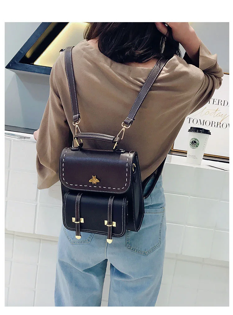 Women Backpack Luxury Bee Vintage Leather Preppy Female Backpack Handbag School College Backpack Travel Bag Shopping Bag mochila stylish backpacks for kid