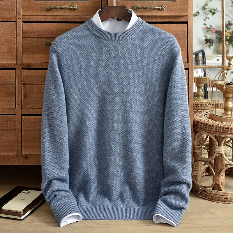

Winter pure cashmere sweater, men's round neck, solid color, double ply, thickened Korean casual high-end knit sweater