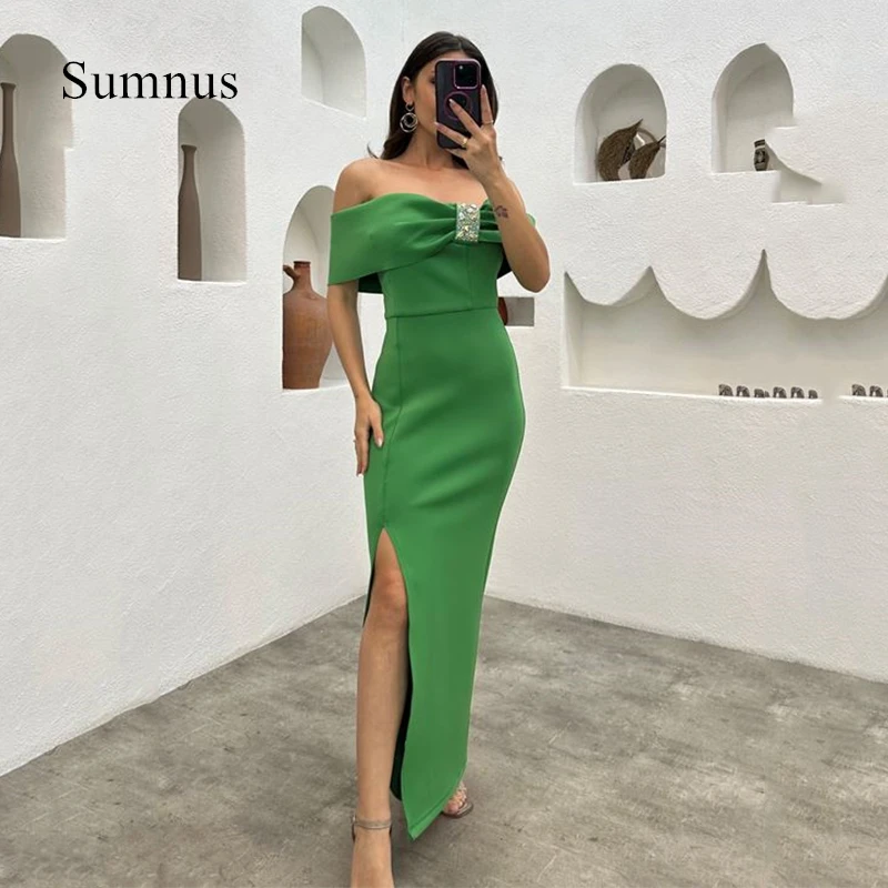 

Sumnus Green Mermaid Prom Dresses Off the Shoulder Strapless Evening Dress Satin High Side Slit Party Gowns Saudi Arabia