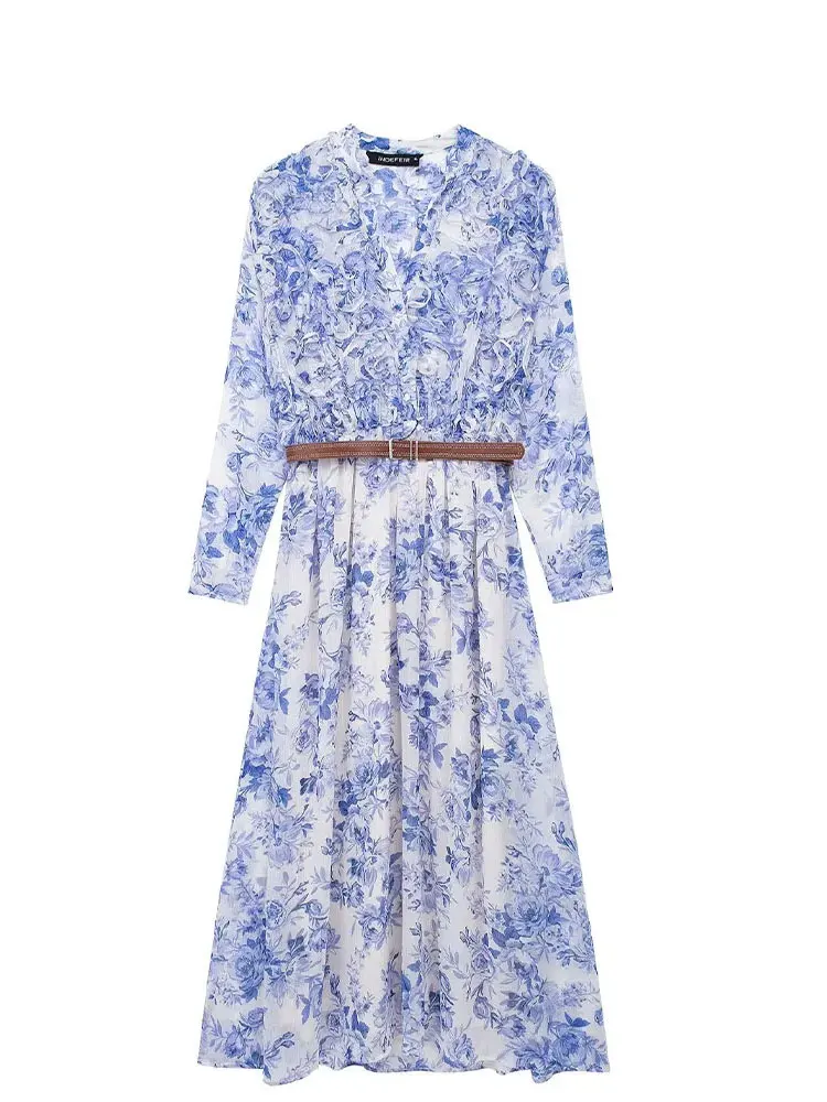 

Женское платье с цветочным принтом, Элегантное повседневное платье миди с длинным рукавом, поясом и V-образным вырезом со складками, весна 2024