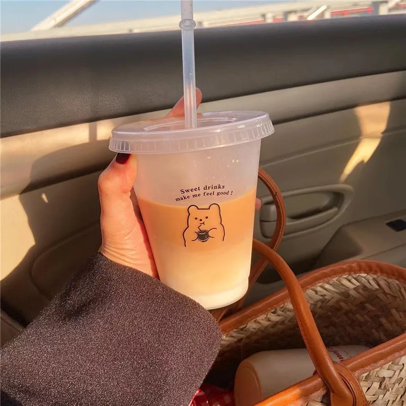 Cold Water Bottle Plastic Cute Kawaii Coffee Juice Milk Tea Cups with Lid  Straw 480/700ML Summer Transparent Portable Drinking