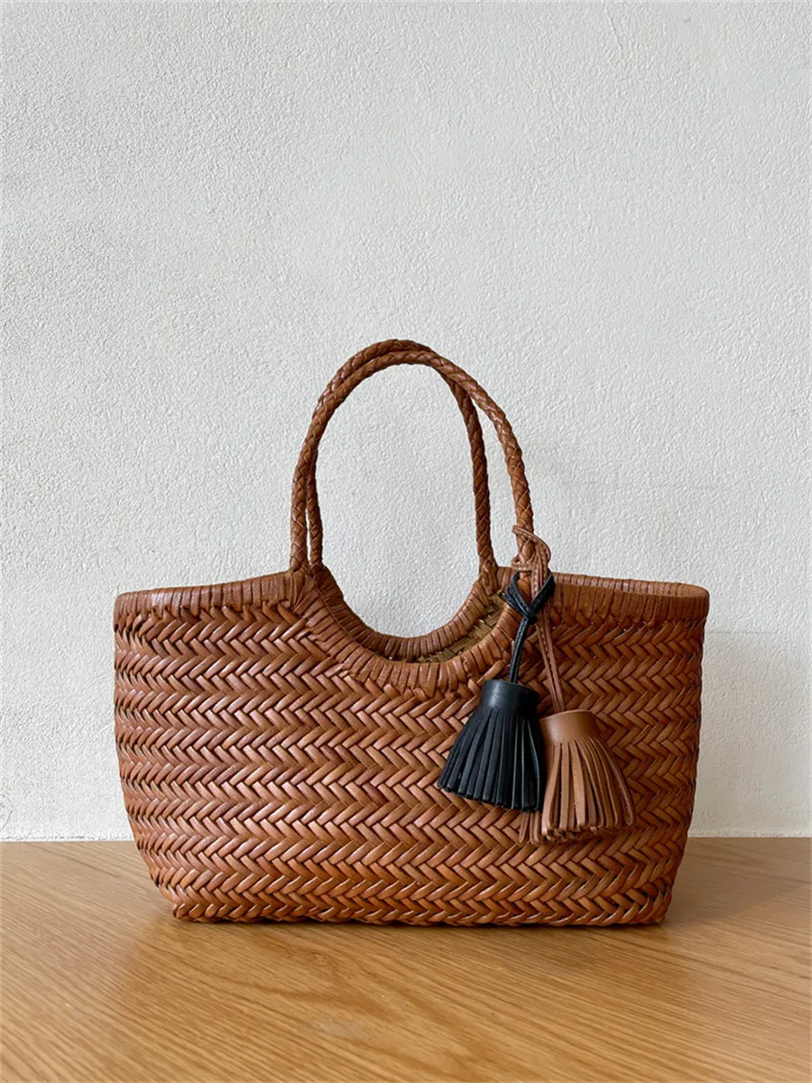 

Cowhide Woven Bag Women's Handbag Shoulder Vegetable Basket Tote Bag Handmade Genuine Leather Holiday