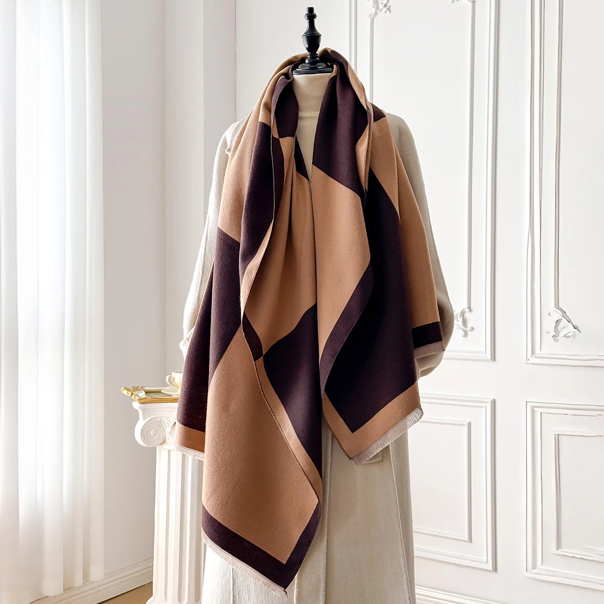 2025 Brand Elegant Geometric Print Faux Pashmina Shawl - Soft Warm Fringed, Ideal for Autumn & Winter Outdoor