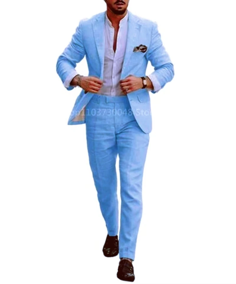 Linen Blue Wedding Groom Tuxedo Slim Fit Casual Men's Suit with Notched Lapel Jacket And Pants 2-Piece Set for Party Prom Summer