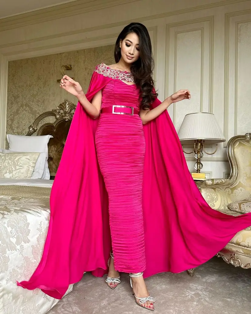 

Beads Cape Luxury Evening Dresses Mermaid Ruched Ankle-Length Sequins Gorgeous Prom Dresses Formal Occasion Party Gown