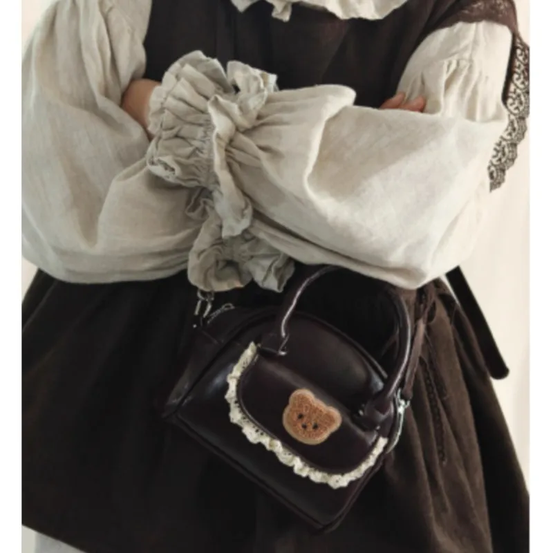 JIAERDI Harajuku Brown Messenger Bag Women Retro Bear Embroidery Handle Crossbody Bags Ladies Vintage Sweet Cute Hand Bag Chic