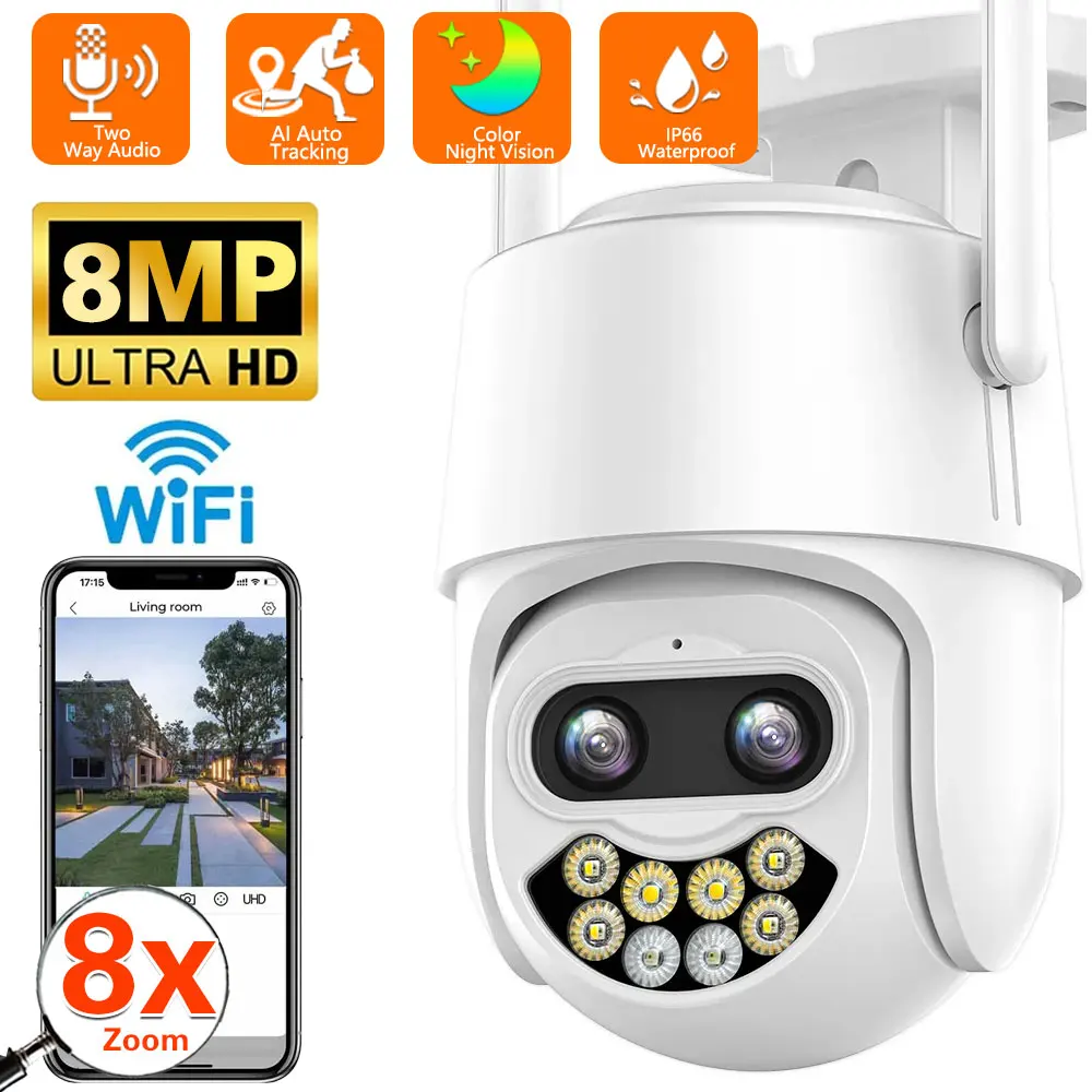 8MP 4K PTZ IP Camera Outdoor 8x Auto Zoom Wifi CCTV Camera Ai Human Detect Video Surveillance Support Amazon Alexa XMEye iCsee