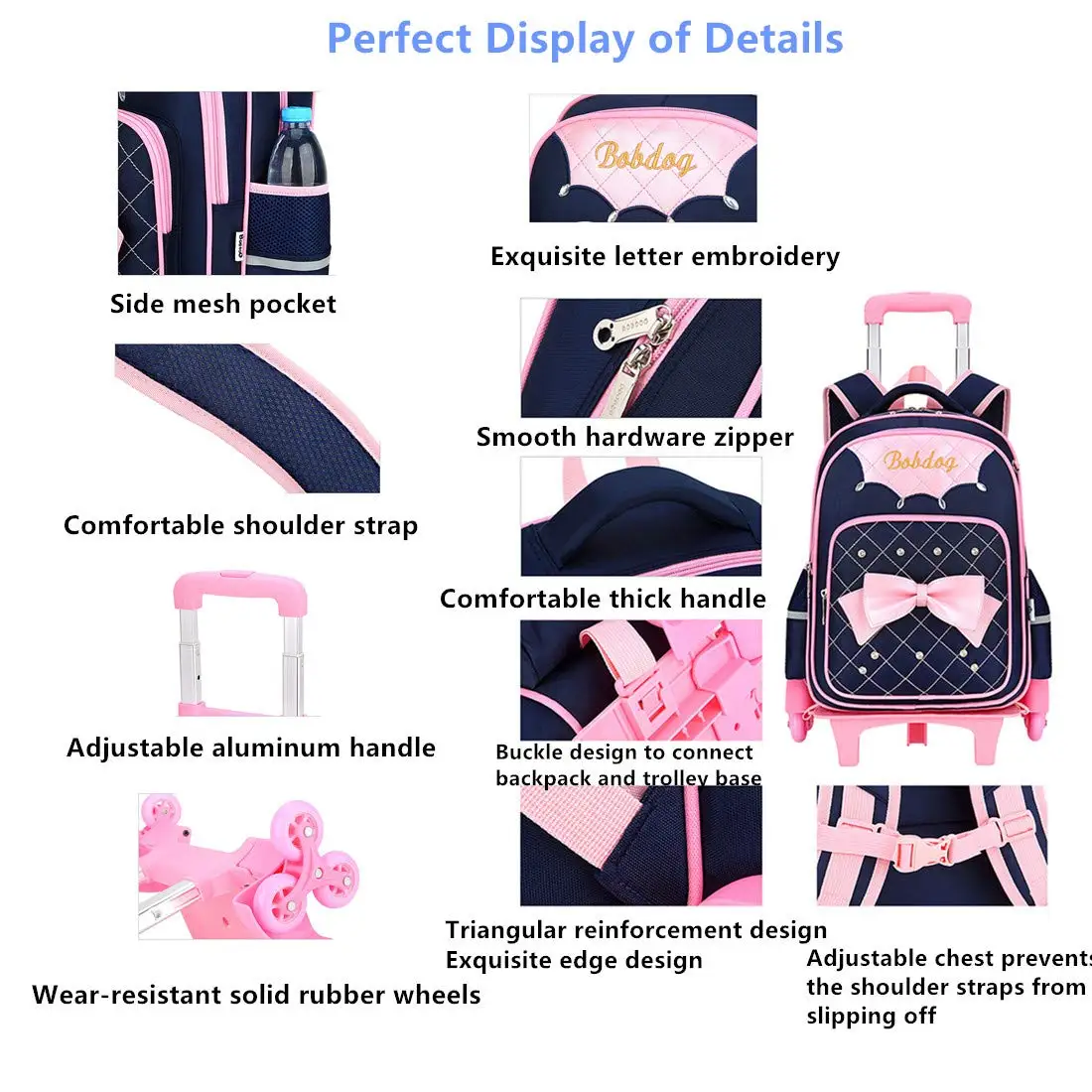 2 In 1 Girls Rolling Backpack Trolley School Bags Pink Bowknot Handbag Carry-on Kids Luggage & Travel Bag Child Mochila Escolar