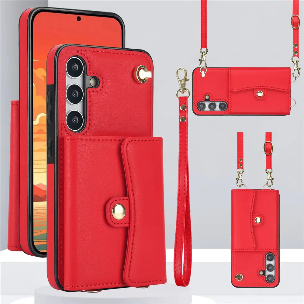 Elegant Leather Crossbody Wallet Case with Lanyard and Card Holder