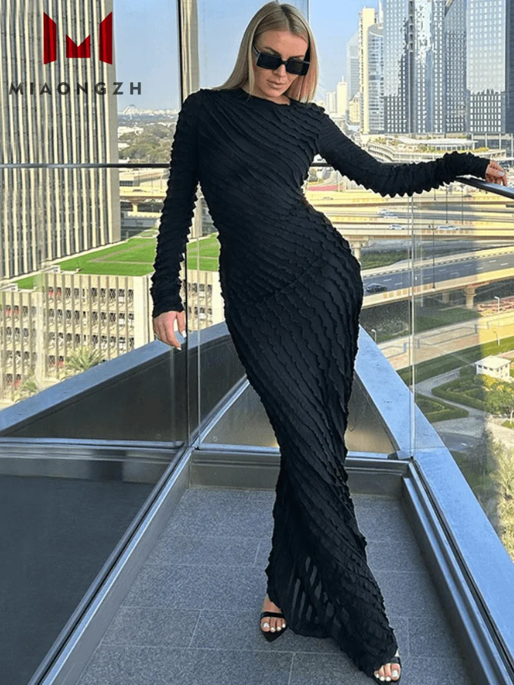 

Autumn Fashion New Solid Patchwork Dresses For Women O Neck Long Sleeve Temperament Robe Tierred Pleated Female Dress Clothing