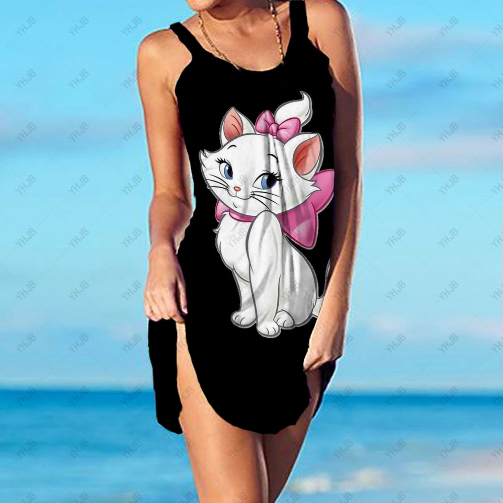 

Disney Mary the Cat Women's Summer Dress Vintage Print Cute Kawaii Sleeveless Casual Loose Soft Ultralight Beach Dress