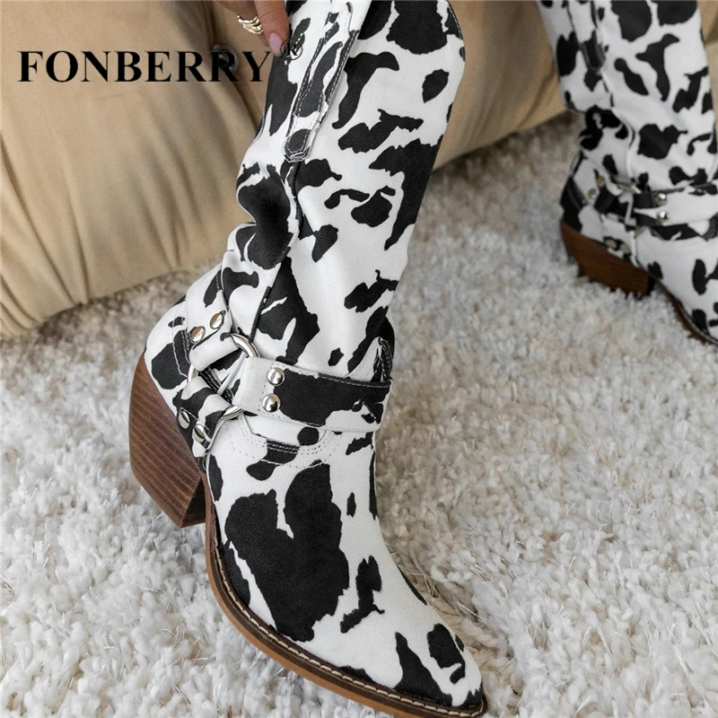 FONBERRY Cow Pattern Buckle Mid Calf 