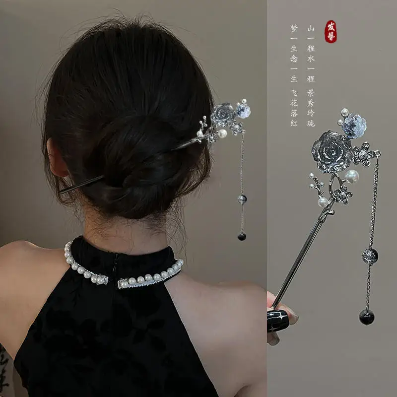 Modern Hair Stick Ink Flower Metal Tassel Hairpin Forks For Women