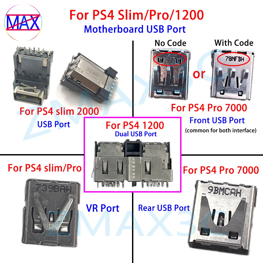 

5pcs Original Front USB Rear USB Port Socket For PS4 Pro CUH-7000 For PS4 Slim Motherboard VR USB Socket For PS4 1200 Dual USB