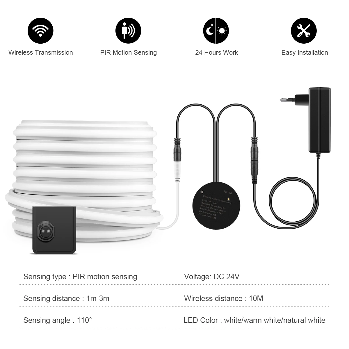 DC 24V 솔리드 실리콘 네온 라이트 COB LED 스트립, 이중 PIR 모션 센서 스위치 포함, 방수 기능, 옷장, 주방, 계단 장
