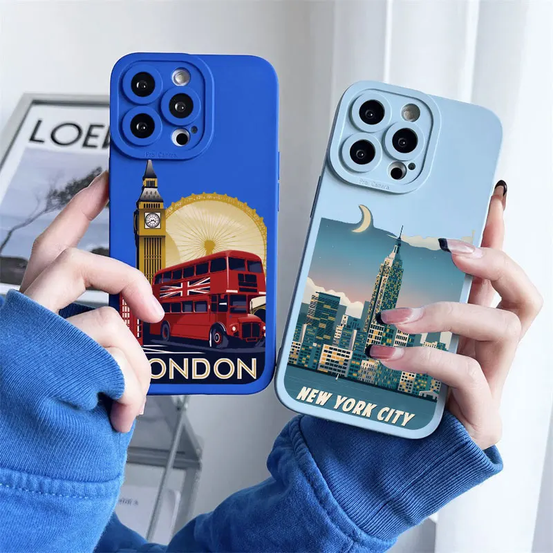 London Paris New York Scenery Building Painting Phone Case Per Iphone 14 11 Pro Max 13 12 Pro Max Xs X Xr 14 7 8 Plus Soft Cover