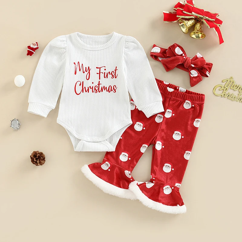2023 Baby Girls Christmas Pants Set Long Sleeve Letters Print Romper