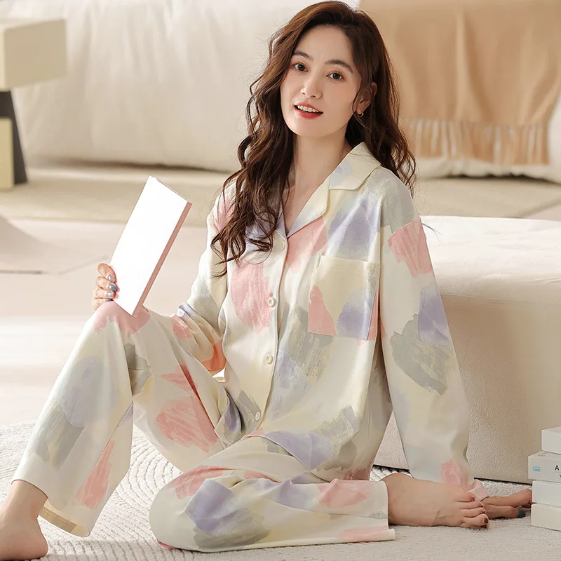 Spring Autumn Women's Cotton Pajamas Long Sleeve Cardigan Pants Oversized Loose Fitting Home Clothing Set Sweet Sleepwear