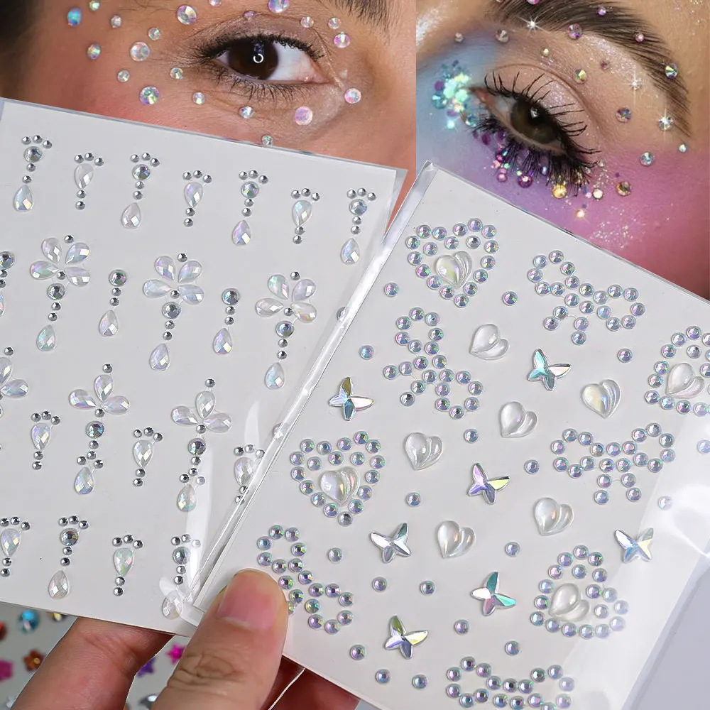 1pcs Laser Sparkle Stars Diamond/Pearls Face Gems Stickers Heart Moon Shape Rhinestones for Eyes/Face Temporary Tattoos