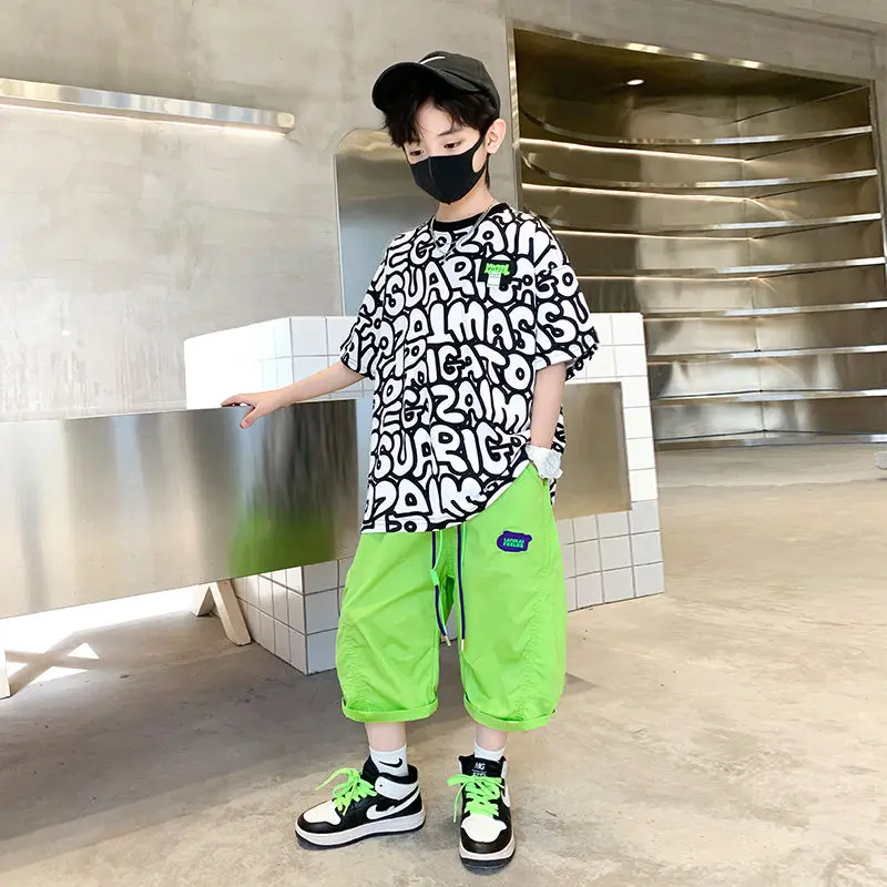 

2023 Fashion Boys Sport Suits Kids Clothes Summer Teens Letter Print T-Shirt + Shorts 2Pcs Set Boys Clothing 6 8 10 12 14 Yrs