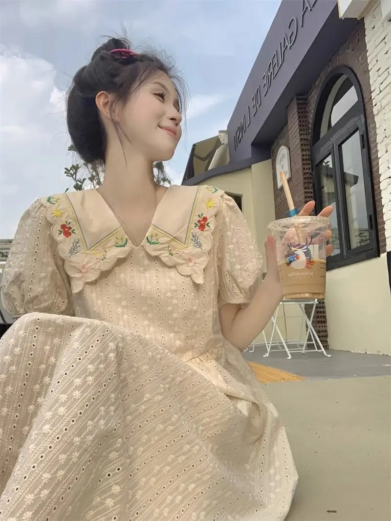 

Summer Embroidery Floral Dress for Women Peter Pan Collar Sweet Women A-line Dress Short Sleeve Vintage Large Loose Vestidos