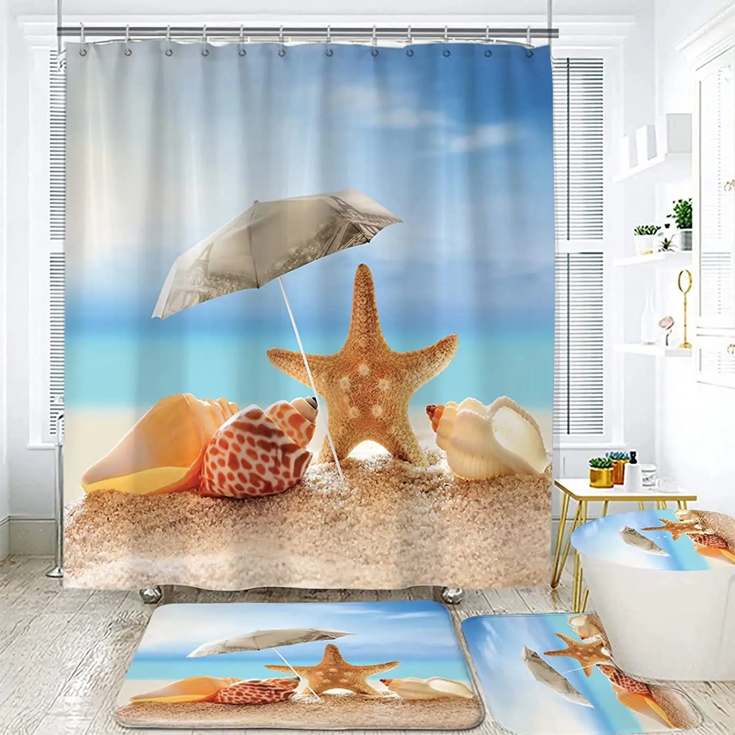 4Pcs Beach Shower Curtain Sets Hook Sea Ocean Starfish Shell Summer Bathroom Decor Anti-Slip Floor Rug Bath Mat Toilet Lid Cover