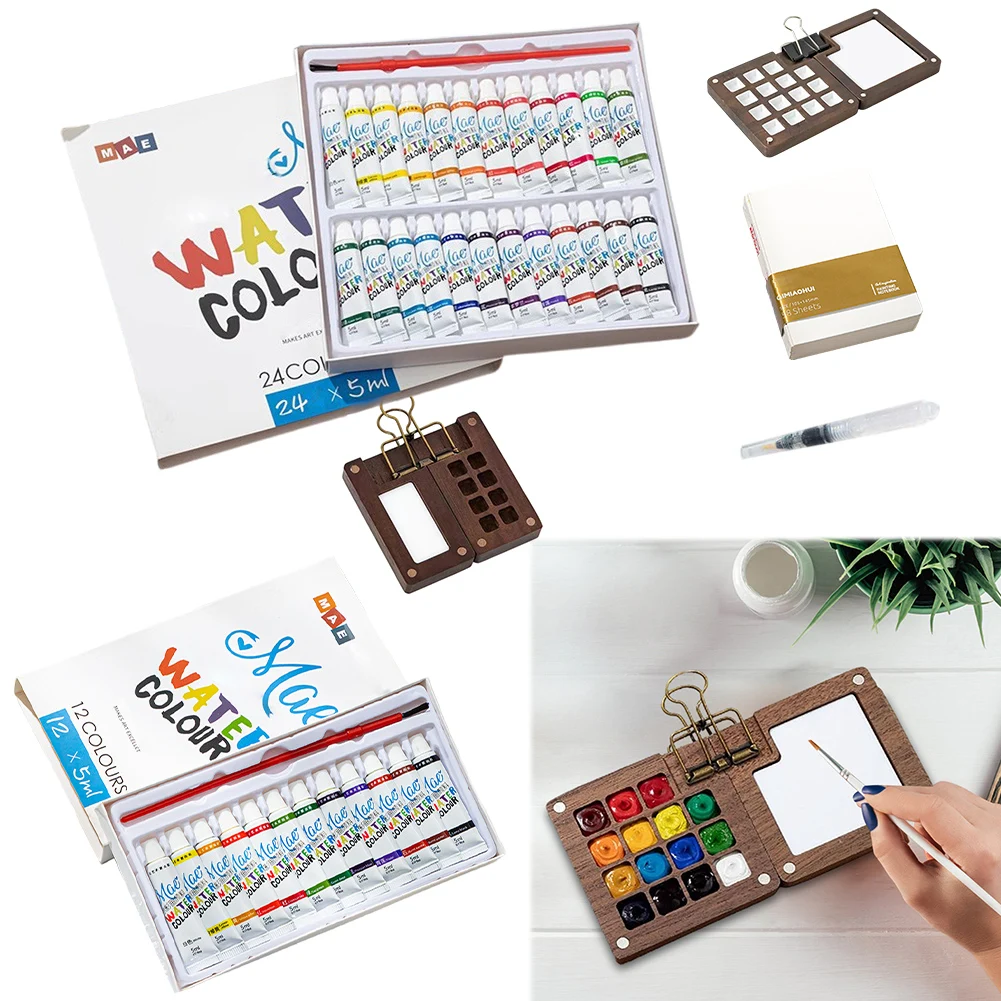 Mini Portable Watercolor Palette Set Multi Colors Wooden Grid Paint Box Pocket Artist Travel Paint Palette for Travel Drawing