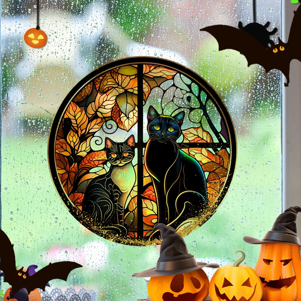 Halloween Window Stickers Electrostatic Adsorption PVC Sticker Castle Black Cat Window Stickers Home Room Halloween Decoration