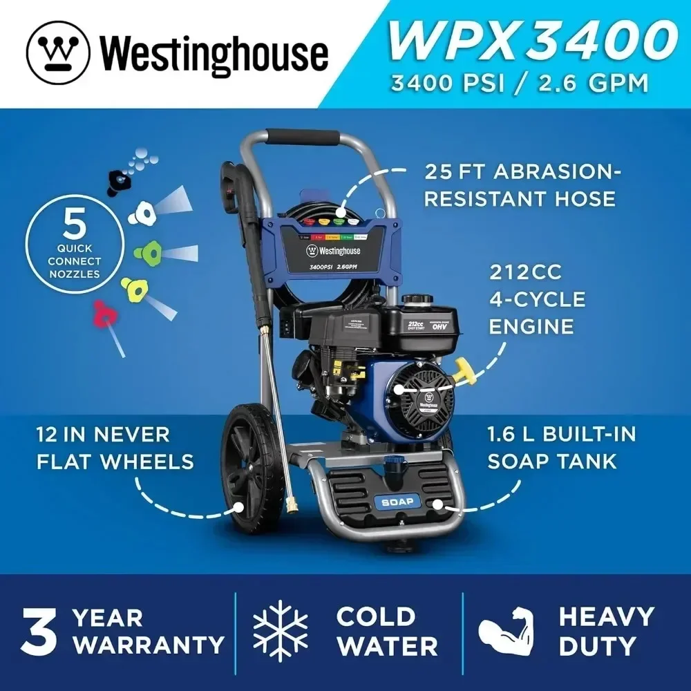 Gas Pressure Washer Onboard Soap Tank Spray Gun and Wand for Cars Fences Driveways Homes Patios Furniture