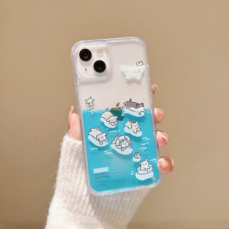 

Funny Swimming Dog Quicksand Clear Phone Case For iPhone 15 15Pro Max 14 Pro 13 12 11 Cute Cartoon Dynamic Liquid Back Cover
