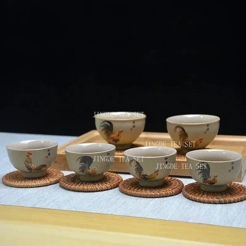 Antique Pottery Ceramic Teacup Hand Painted Cock Tea Cup Travel Portable Tea Bowl Pu'er Master Cup Chinese Tea set Accessories