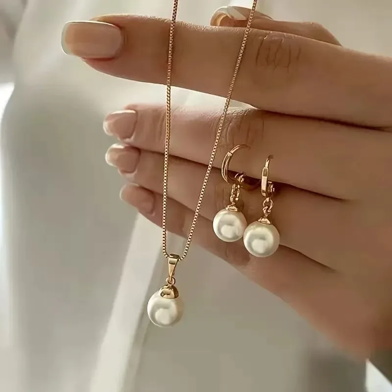 Fashion Pearl Jewelry Set For Women Dangle Earrings Pendant Necklace Simple Dainty Daily Wear Outfit Party Accessories