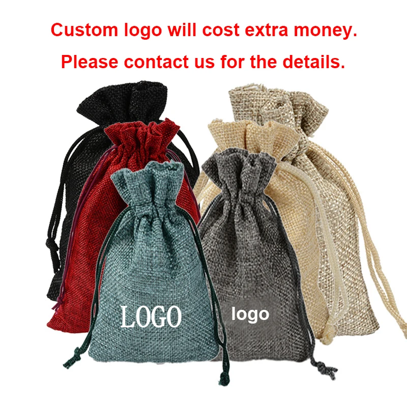 50pcs/lot 7*9 10*14 13*18 15*20cm Colorful Drawstring Cotton Linen Bags & Pouches For Jewelry Christmas Gift Packaging Bag Logo