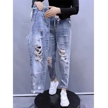 찢어진 느슨한 봄과 여름 탄성 청바지 여성 트렌디 인 하이 허리 스트레이트 슬리밍 다재다능한 할란 카프리 스키니 팬츠