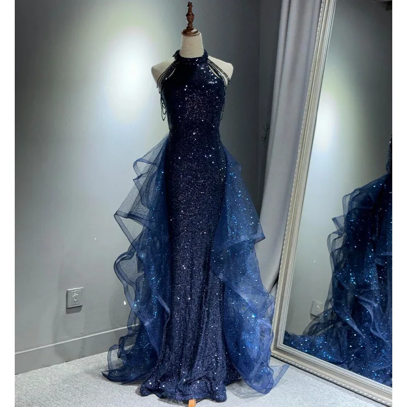 High-grade Sequin Halter Evening Dress Women New Beading Tassel Ruffles Slim Shiny Cocktail Dresses Luxury Design Banquet Gown