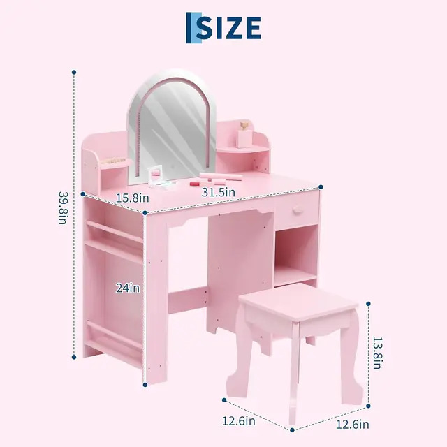 Kids Vanity Table and Chair Set Girls Dressing Table with Storage Shelves & Drawer Wooden Makeup Desk for Playroom Bedroom
