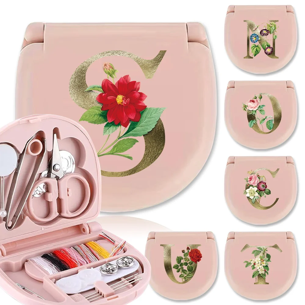 

Sewing Set DIY Organizer Portable Needle Thread Kit Box Stitching Storage Tool Case Travel Sew Bag Golden Flower Letter Pattern