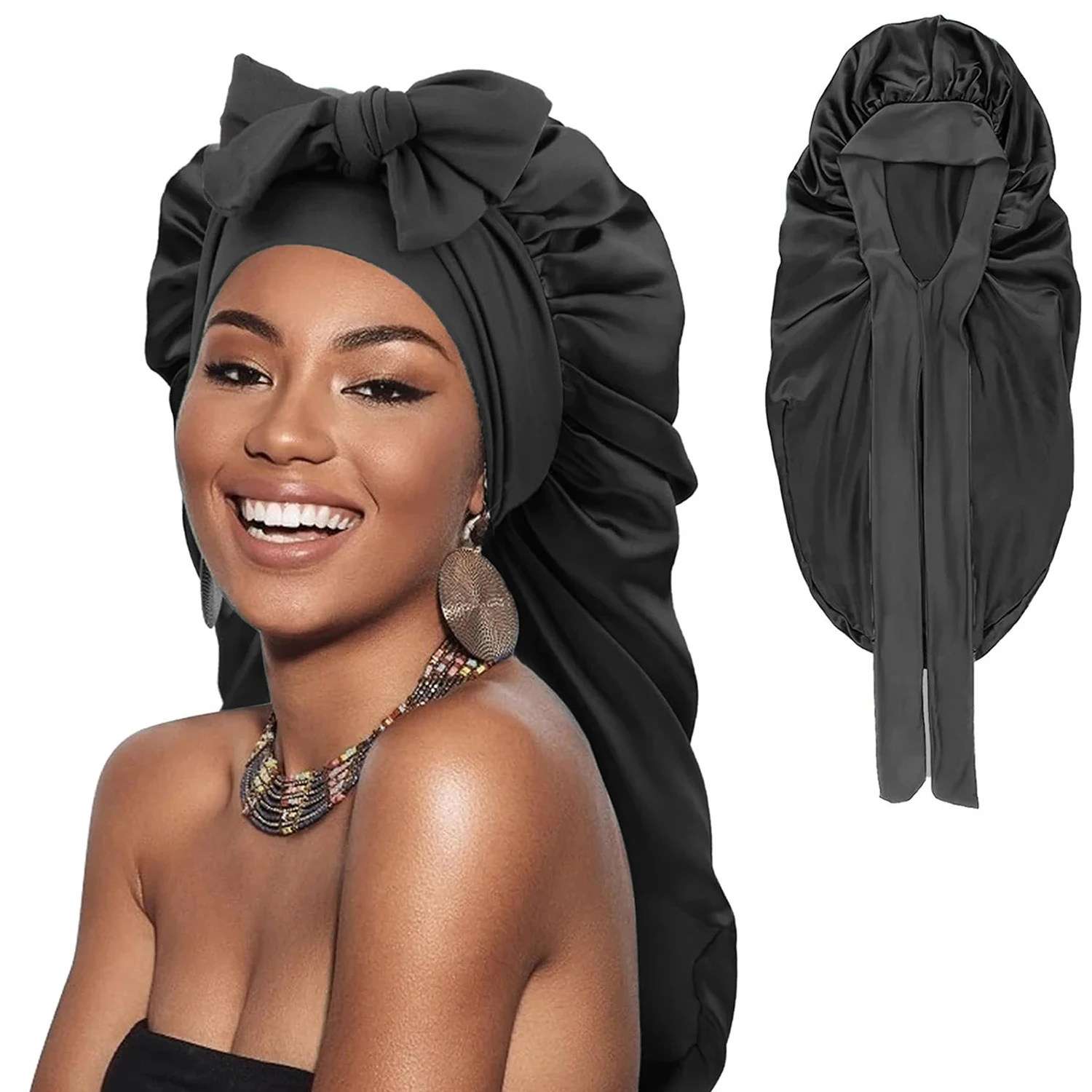 Women's Fashion Bonnet Long Edition Silk Smooth Ding Elastic Comfortable Personalized Casual Sleeping Hat