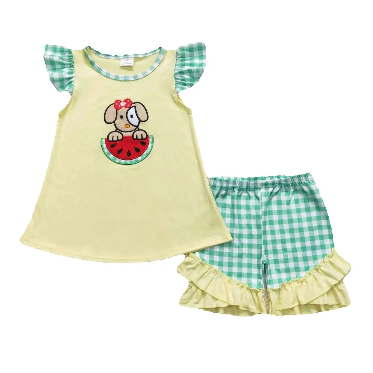 

Wholesale Short Sleeve Watermelon Dog Cotton T-Shirt Kids Green Plaid Ruffle Shorts Baby Girl Outfits Children Embroidery Sets