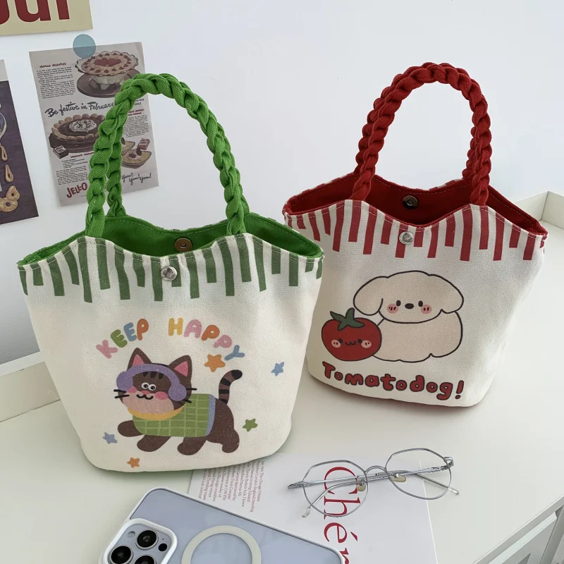 Cartoon Cute Handheld Bucket Bag Snack Pouch High Appearance Outdoor Leisure Canvas Bag Large Capacity Market Basket Bag