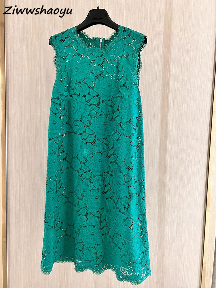 

High Quality Summer Women Fashion Runway Designer Solid Color Print Hollow Out Design Loose Sleeveless Tank Midi Dresses