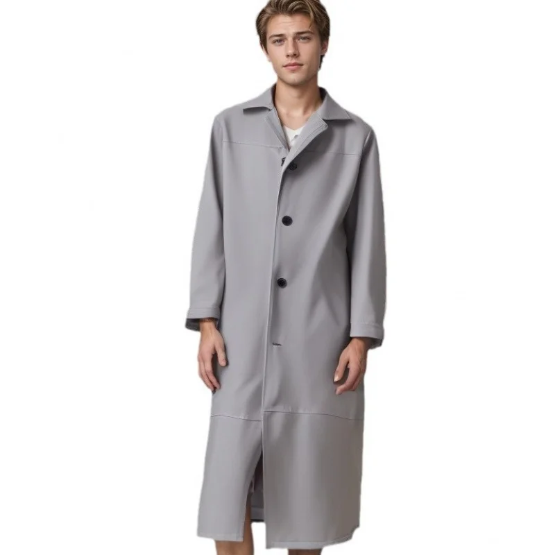 Trench Coat Men's Extended Trench Coat Men's Fashion Extended PU Leather Slim Fit Fashion Leather Coat