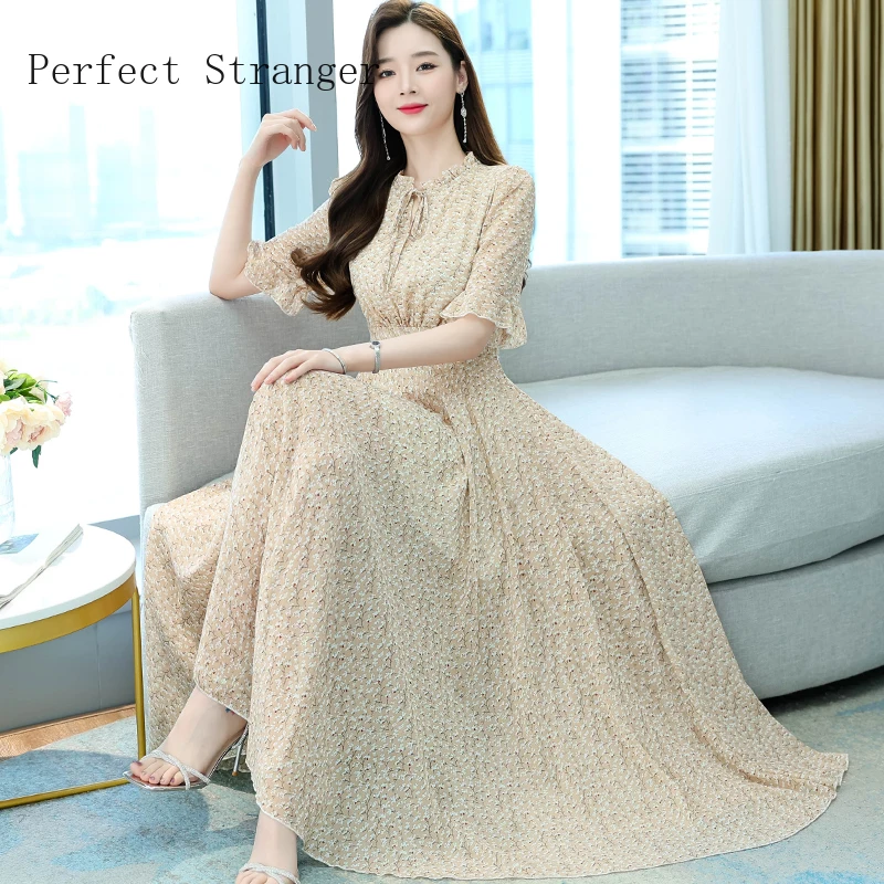 

Summer Beach V-Neck Maxi Dress 2023 Half Sleeve Tea-Length A-Line Chiffon Floral Print Red Elegant Big Swing Party Dress Vestido