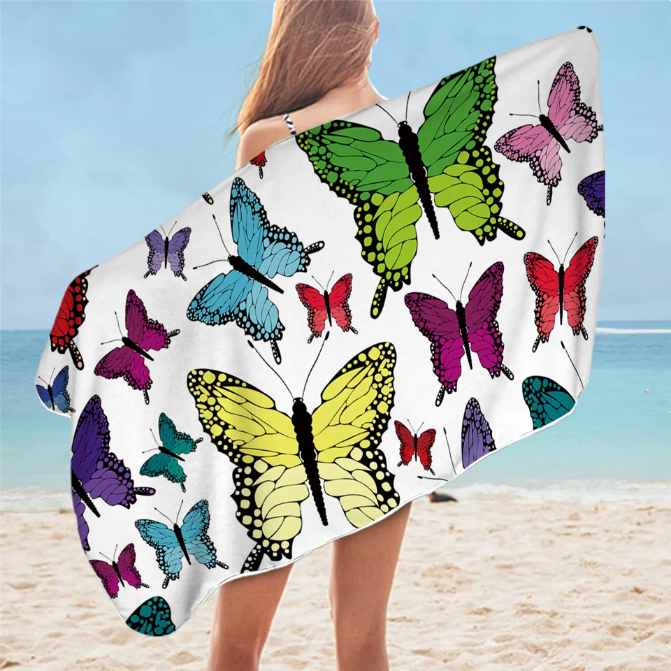 

Colorful Butterfly Beach Towel Microfiber White Bath Towel for Adult Tropical Blanket Hawaii Beach Supplies Swimming Pool Travel