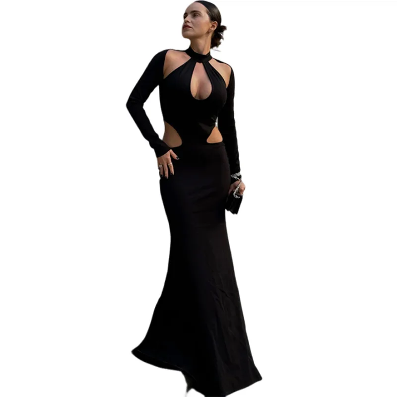 autumn new women's clothing fashionable and sexy hollow long-sleeved slim-fitting temperament hip-wrapped dress